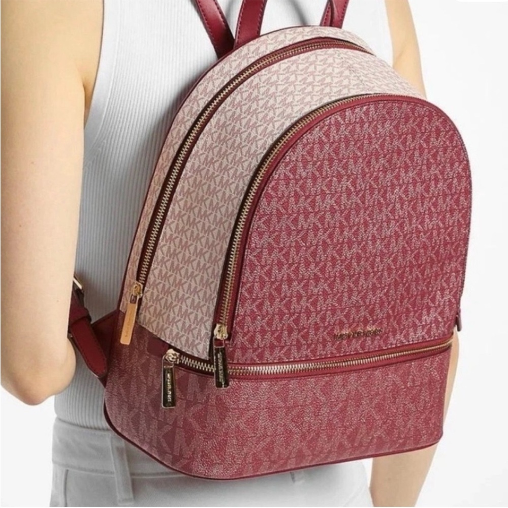 Michael Kors Burgundy MK Logo Backpack with Cream Trim - Picture 5 of 7
